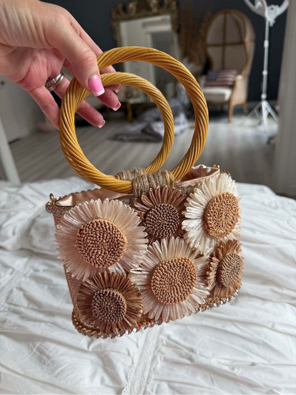 Cato Floral Beaded Mini Tote - Cream & Tan with Yellow Handles